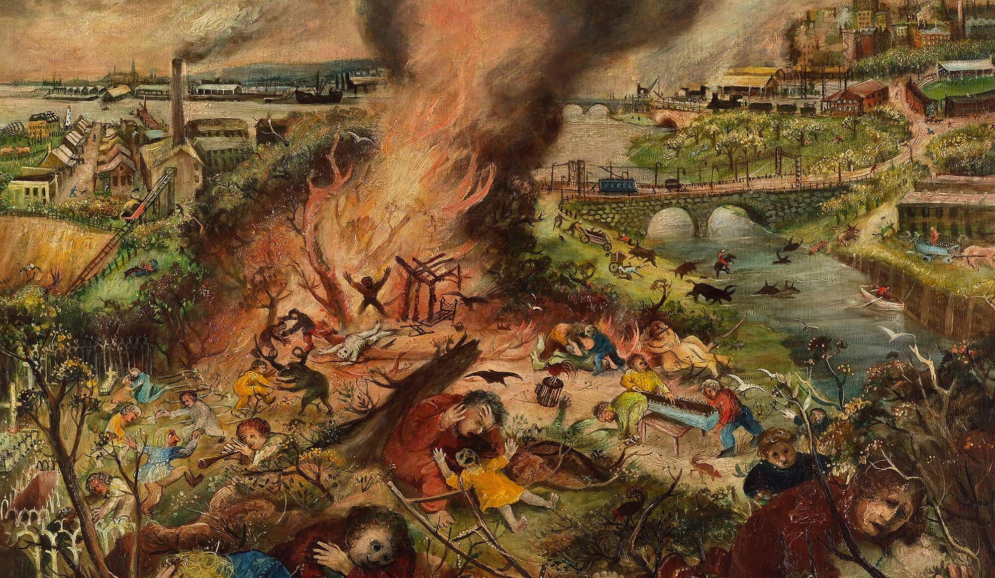 An illustrated apocalyptic scene featuring fire, hunched bodies, wailing, set by a river.