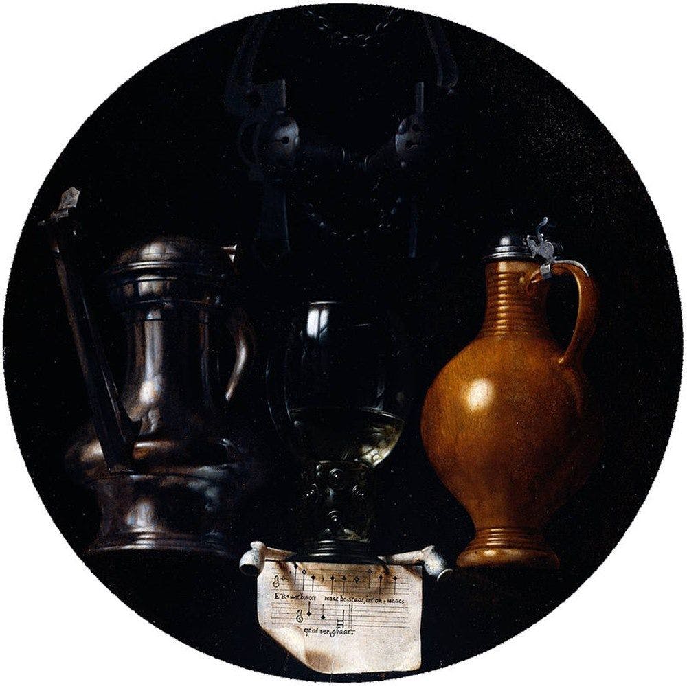 Still life with flagon, glass, jug and bridle