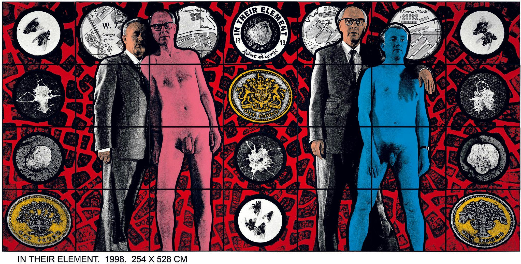 An image of a suited Gilbert & George with their arm around a naked version of the other on a red and black background with emblems.
