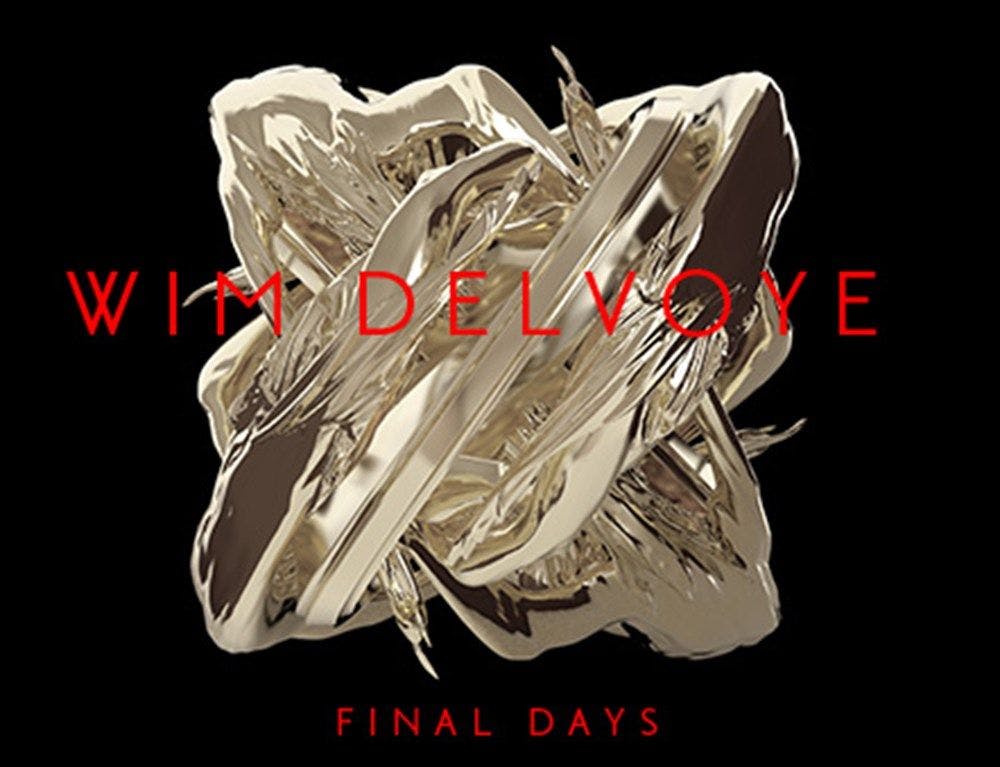 Photo of gold metallic sculpture with red text overlaid reading Wim Delvoye Final Days