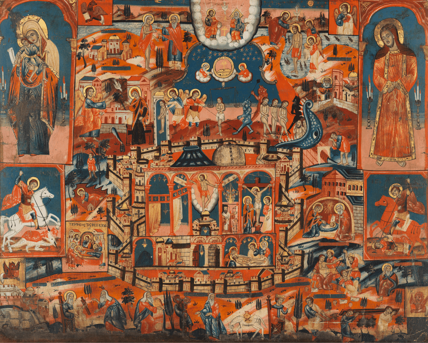 An orange, blue and gold biblical scene featuring saints, horses, buildings and cherubs