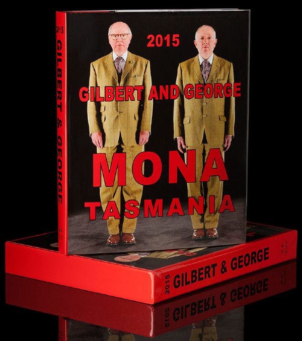 Cover of the Gilbert & George exhibition catalogue on a black background