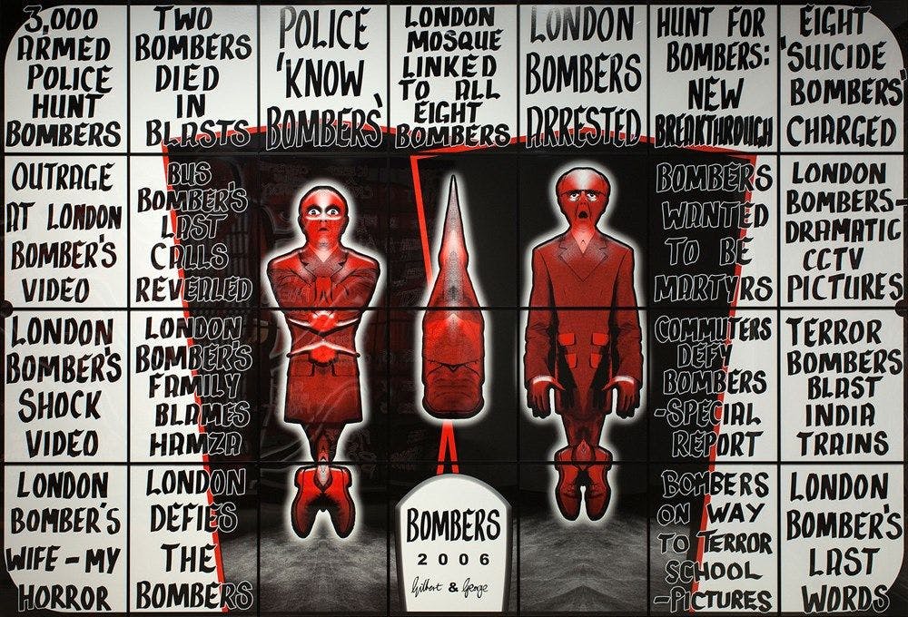 Red cartoon like representations of Gilbert & George surrounded by handwritten headlines about bombers