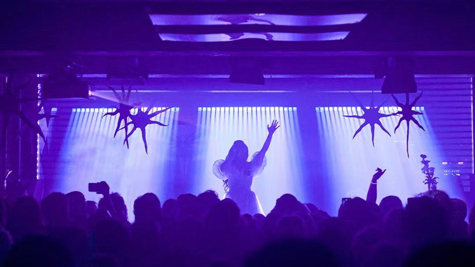 A woman on a purple lit stage reaches her hand out while singing to a crowd of silhouettes