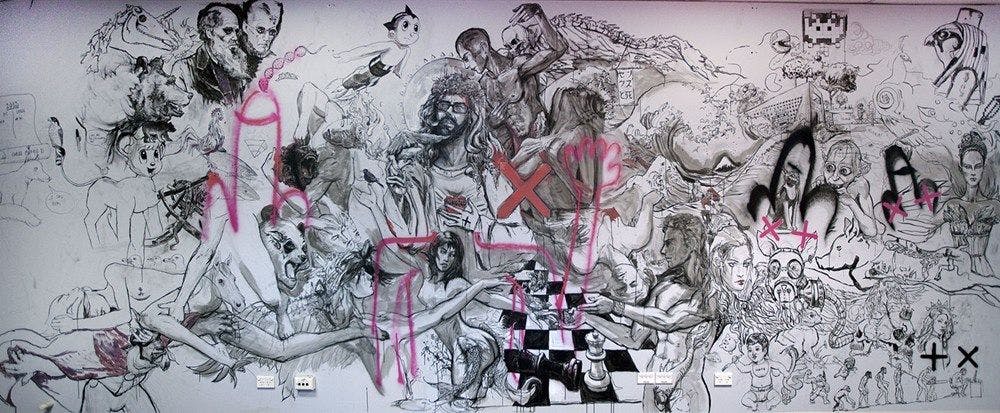 Black and white illustrated composition of naked figures and pop culture references (such as Astro Boy, Gollum) in various styles with graffiti style penises and crosses on top.
