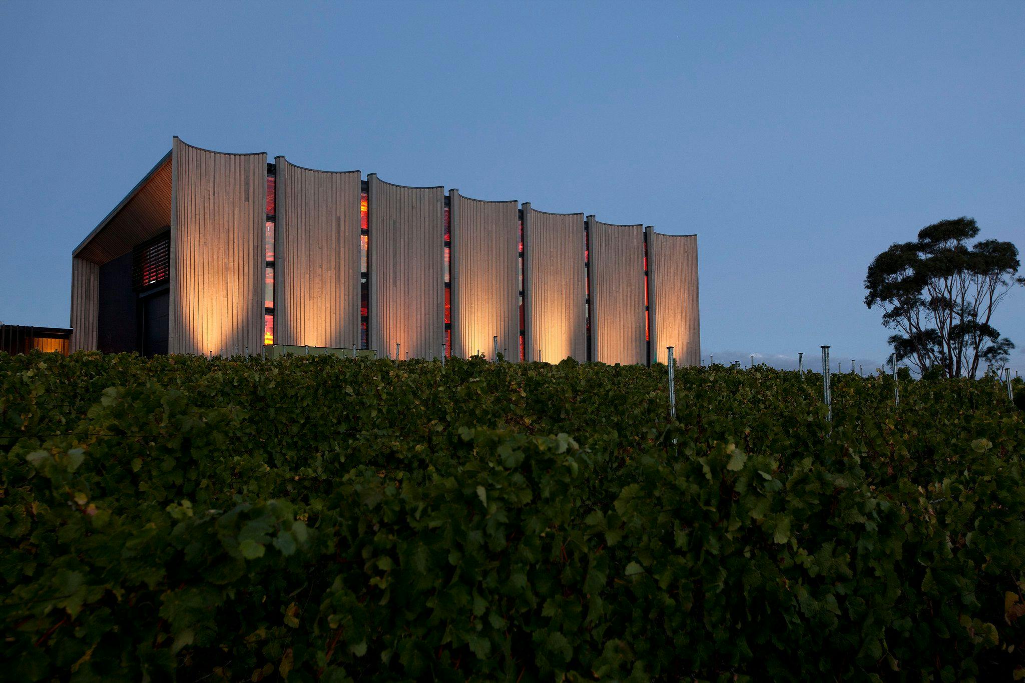 Moorilla Winery beautifully lit up at dusk