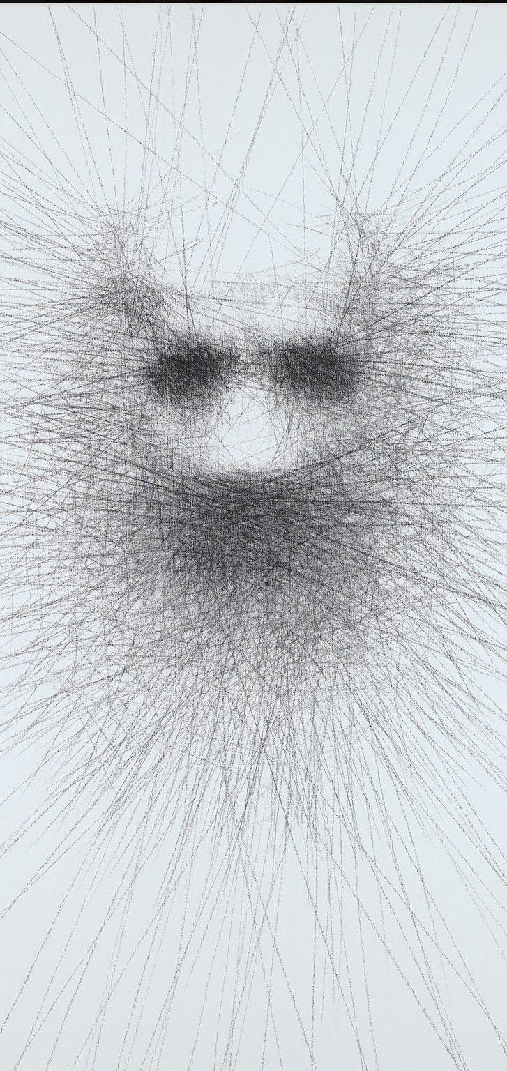 Pencil line drawing of a face.