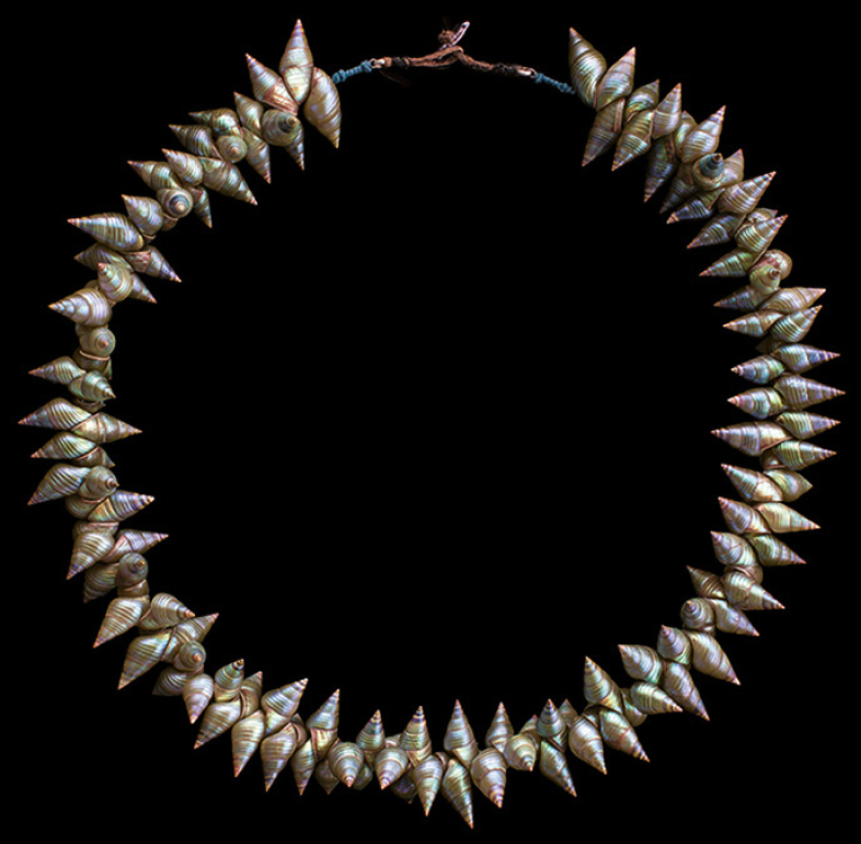 A spiked necklace on a black background.