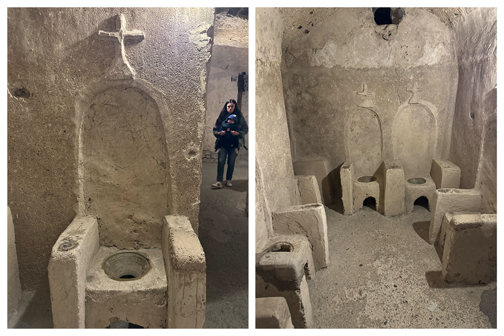 Two images showing Ishian thrones carved from stone
