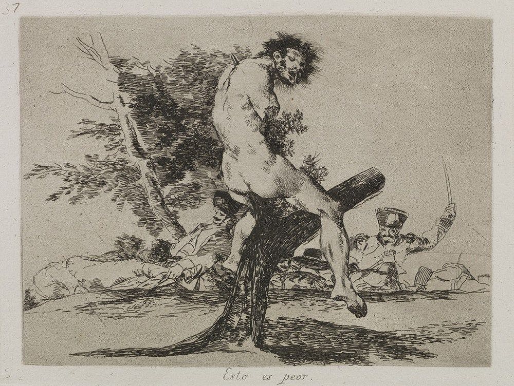 Drawing of a deceased naked man propped up, impaled on a tree amidst a battleground.