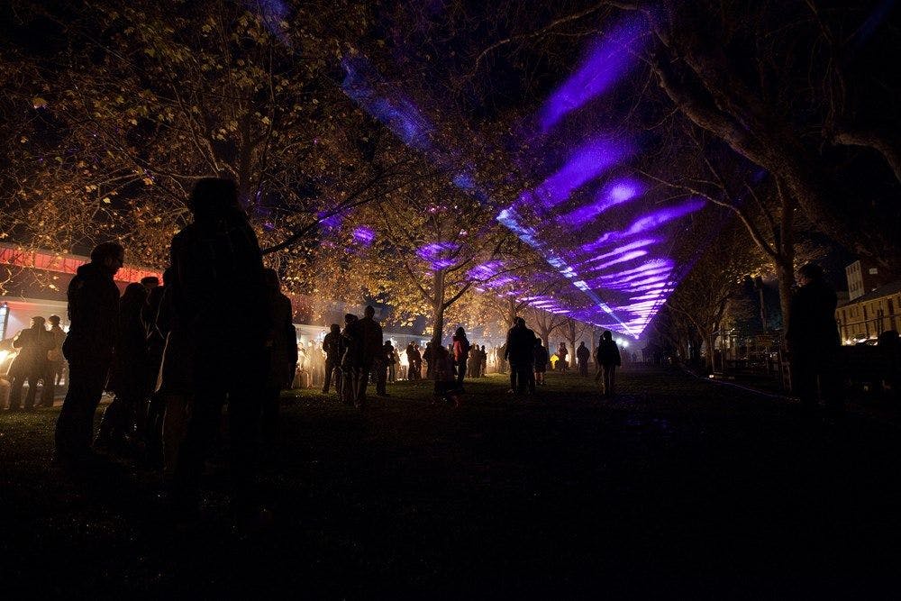 People standing in a park at night, illuminated by purple lights.