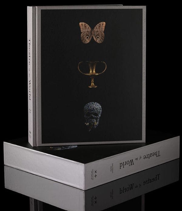 Theatre of the world Mona catalogue. A Black cover with a butterfly, vase and skull on the front.