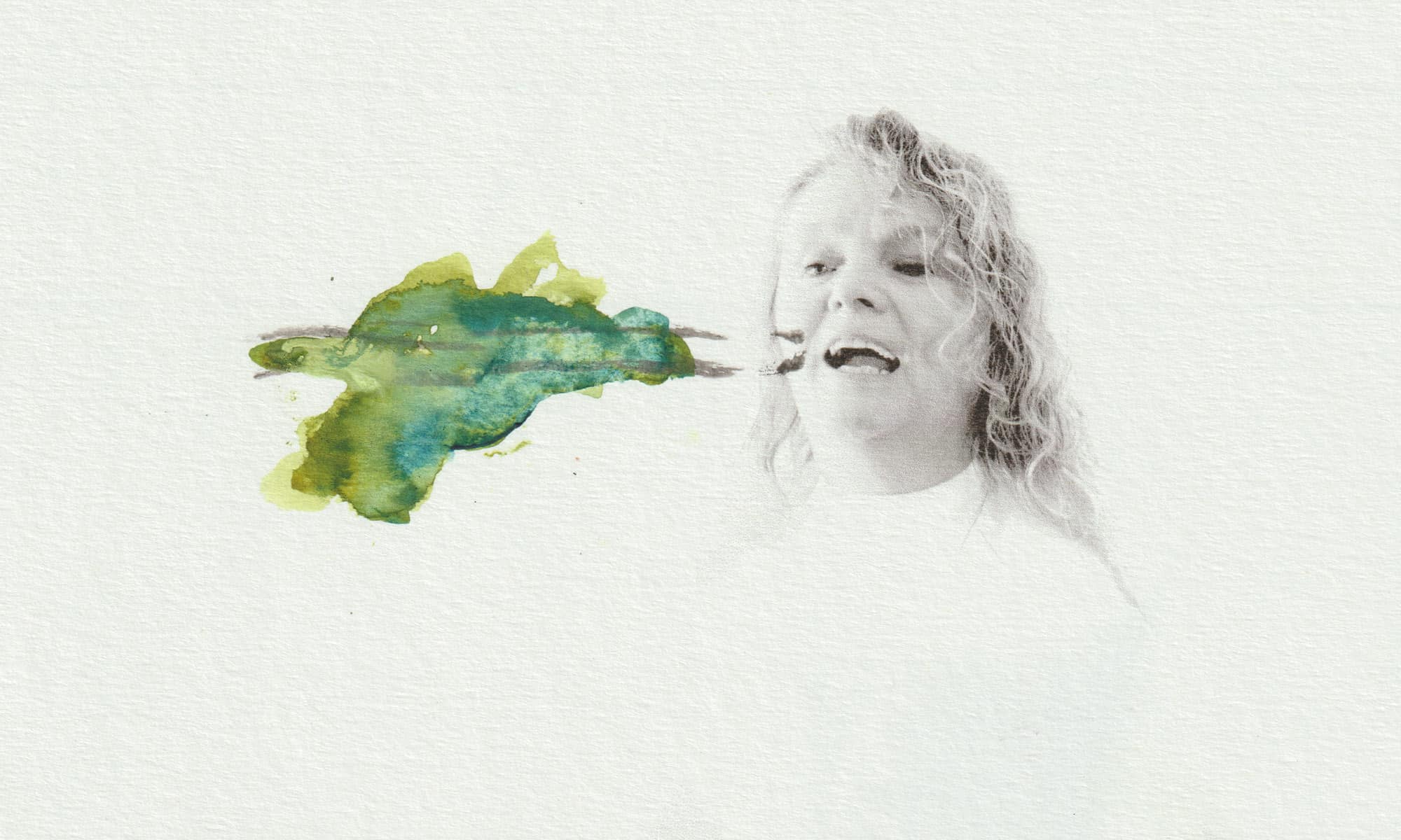 Black and white image of a woman on textured paper with water colour mark