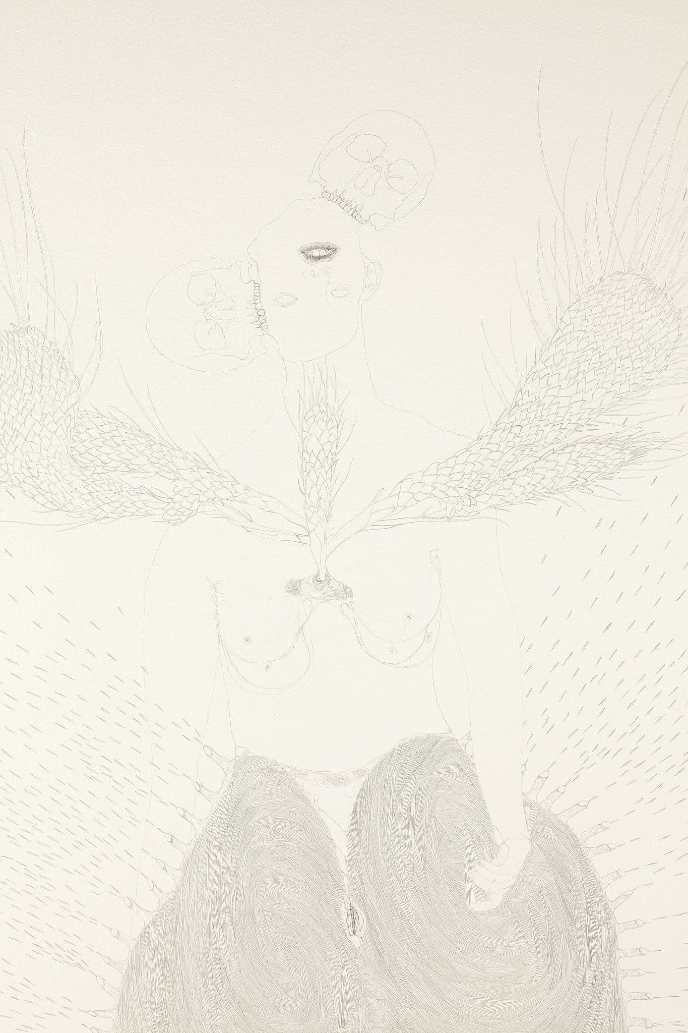 A drawing of a human figure. An upside down face with two skulls coming off it. The lower half looks like they are wearing pants lined with ejaculating penises.