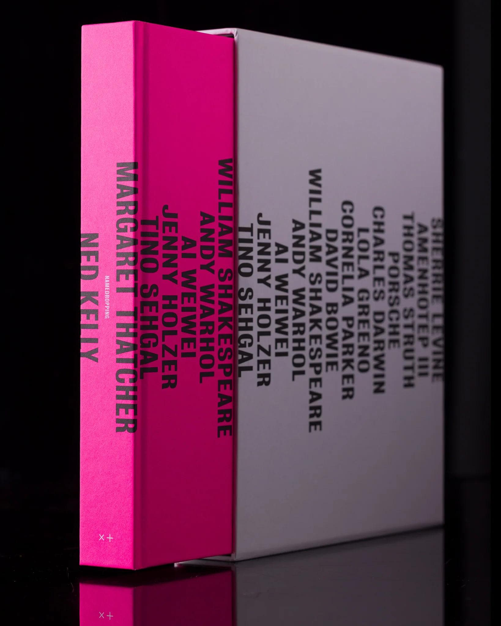 Namedropping exhibition catalogue. A pink hardcover emerging from a white sleeve with names listed vertically
